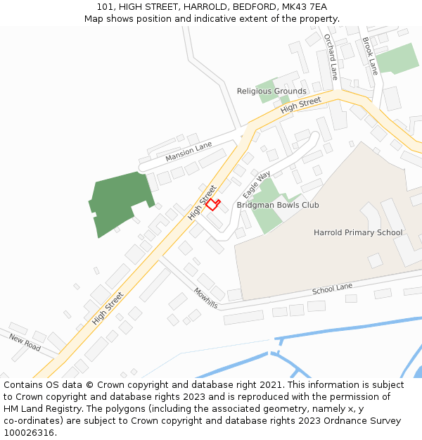 101, HIGH STREET, HARROLD, BEDFORD, MK43 7EA: Location map and indicative extent of plot