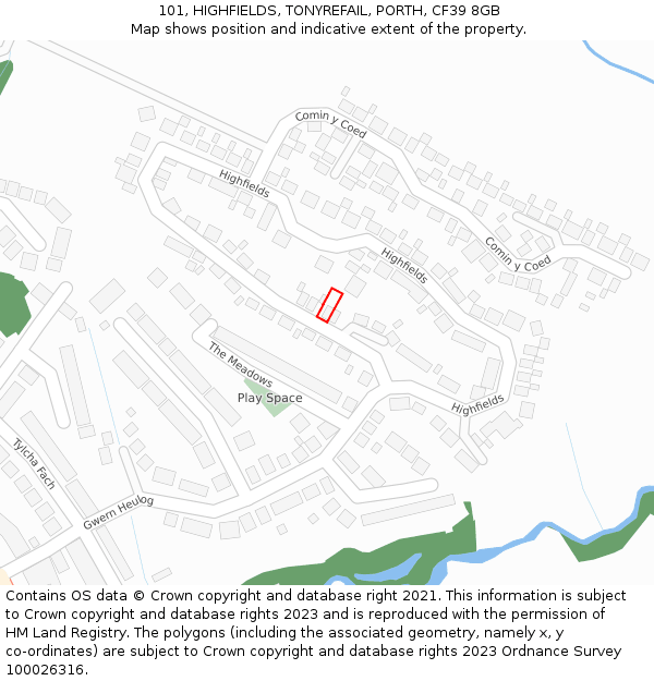 101, HIGHFIELDS, TONYREFAIL, PORTH, CF39 8GB: Location map and indicative extent of plot