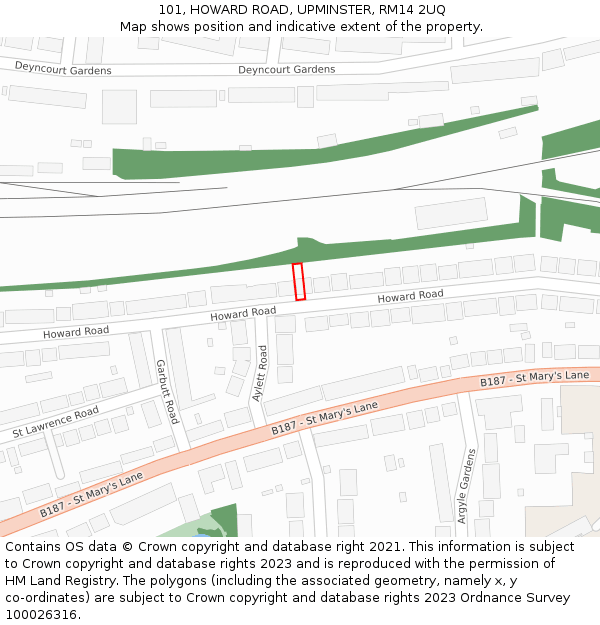 101, HOWARD ROAD, UPMINSTER, RM14 2UQ: Location map and indicative extent of plot