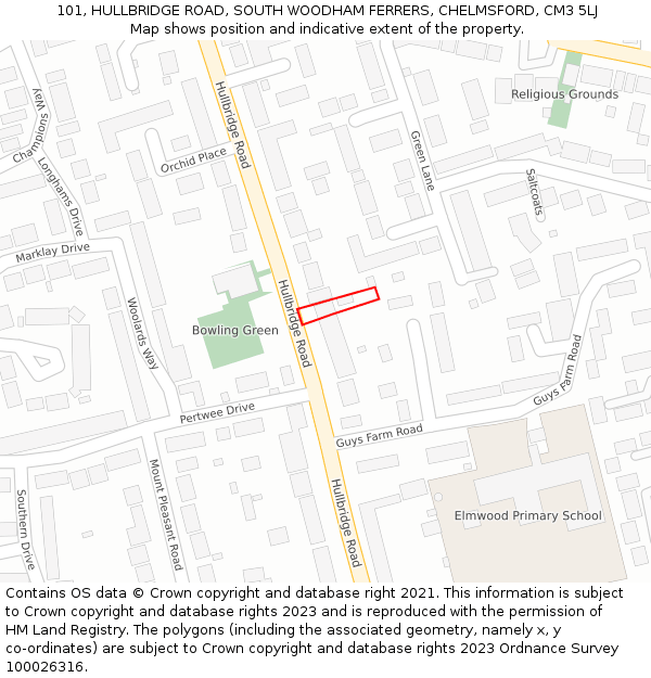 101, HULLBRIDGE ROAD, SOUTH WOODHAM FERRERS, CHELMSFORD, CM3 5LJ: Location map and indicative extent of plot