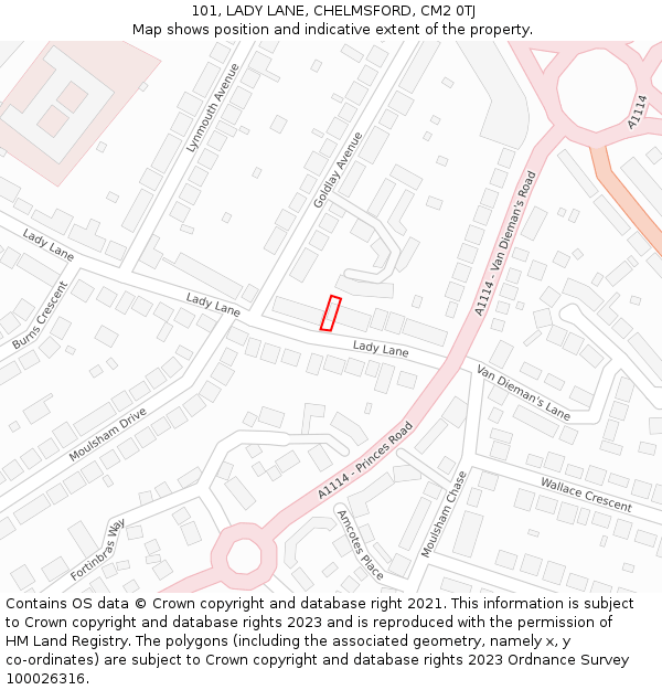 101, LADY LANE, CHELMSFORD, CM2 0TJ: Location map and indicative extent of plot