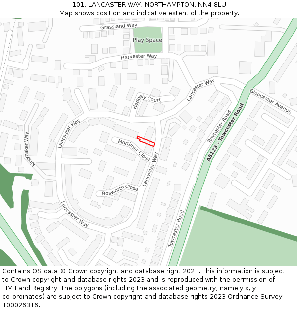 101, LANCASTER WAY, NORTHAMPTON, NN4 8LU: Location map and indicative extent of plot