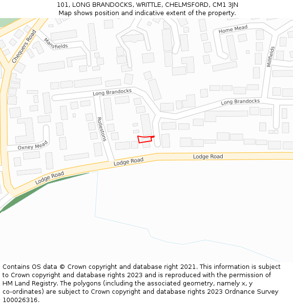 101, LONG BRANDOCKS, WRITTLE, CHELMSFORD, CM1 3JN: Location map and indicative extent of plot