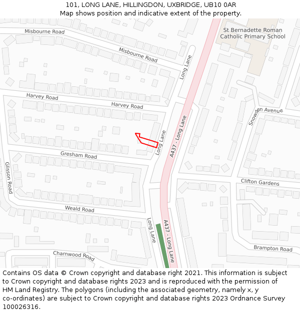 101, LONG LANE, HILLINGDON, UXBRIDGE, UB10 0AR: Location map and indicative extent of plot