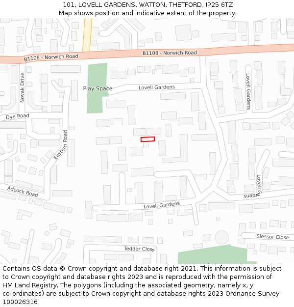 101, LOVELL GARDENS, WATTON, THETFORD, IP25 6TZ: Location map and indicative extent of plot