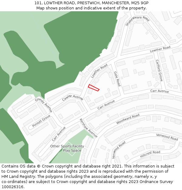 101, LOWTHER ROAD, PRESTWICH, MANCHESTER, M25 9GP: Location map and indicative extent of plot