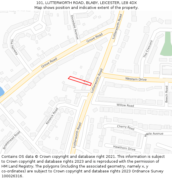 101, LUTTERWORTH ROAD, BLABY, LEICESTER, LE8 4DX: Location map and indicative extent of plot