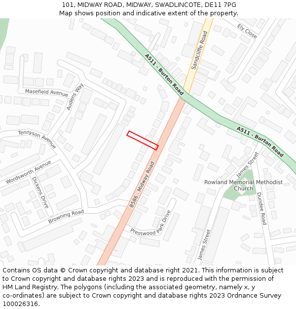 101, MIDWAY ROAD, MIDWAY, SWADLINCOTE, DE11 7PG: Location map and indicative extent of plot