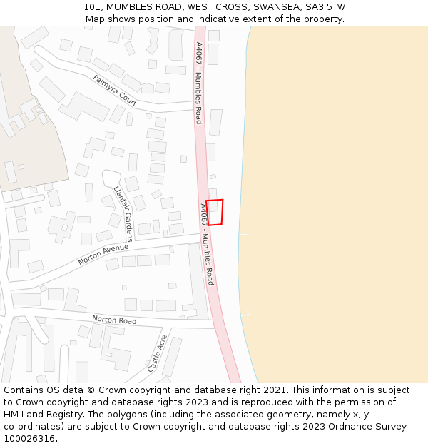 101, MUMBLES ROAD, WEST CROSS, SWANSEA, SA3 5TW: Location map and indicative extent of plot