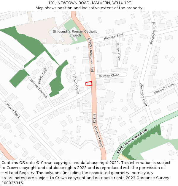 101, NEWTOWN ROAD, MALVERN, WR14 1PE: Location map and indicative extent of plot