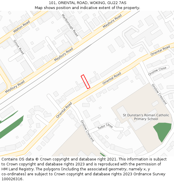 101, ORIENTAL ROAD, WOKING, GU22 7AS: Location map and indicative extent of plot