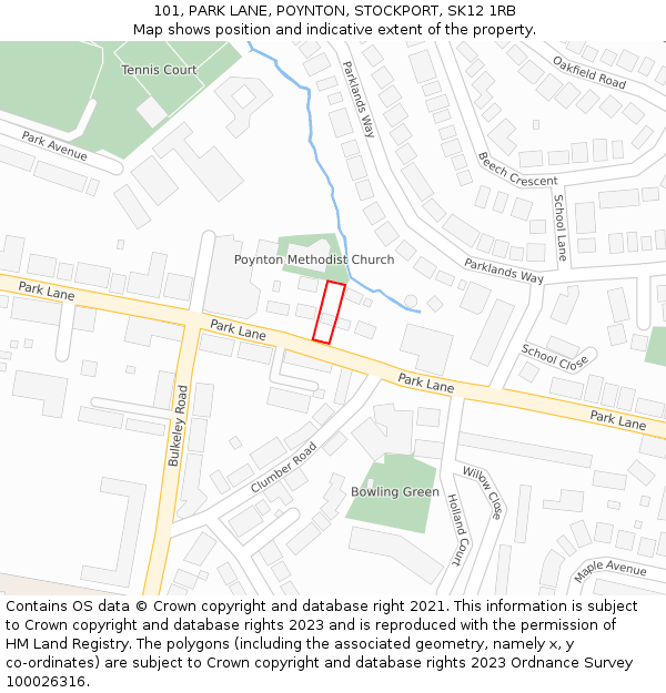 101, PARK LANE, POYNTON, STOCKPORT, SK12 1RB: Location map and indicative extent of plot