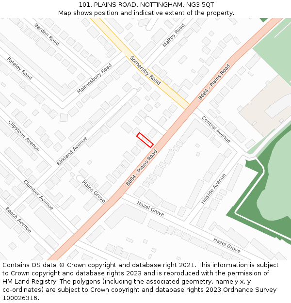 101, PLAINS ROAD, NOTTINGHAM, NG3 5QT: Location map and indicative extent of plot