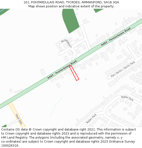 101, PONTARDULAIS ROAD, TYCROES, AMMANFORD, SA18 3QA: Location map and indicative extent of plot