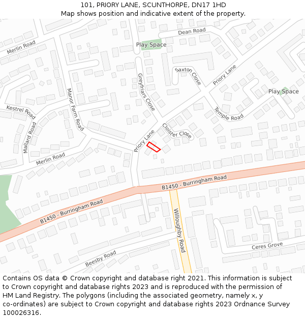 101, PRIORY LANE, SCUNTHORPE, DN17 1HD: Location map and indicative extent of plot