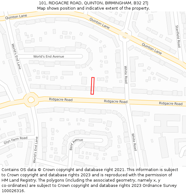 101, RIDGACRE ROAD, QUINTON, BIRMINGHAM, B32 2TJ: Location map and indicative extent of plot