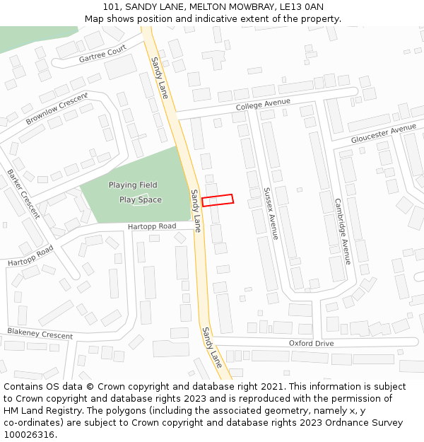 101, SANDY LANE, MELTON MOWBRAY, LE13 0AN: Location map and indicative extent of plot