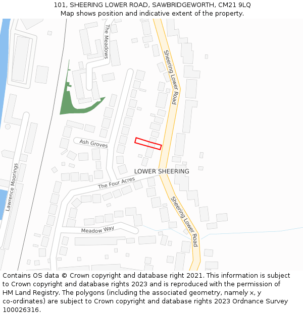 101, SHEERING LOWER ROAD, SAWBRIDGEWORTH, CM21 9LQ: Location map and indicative extent of plot