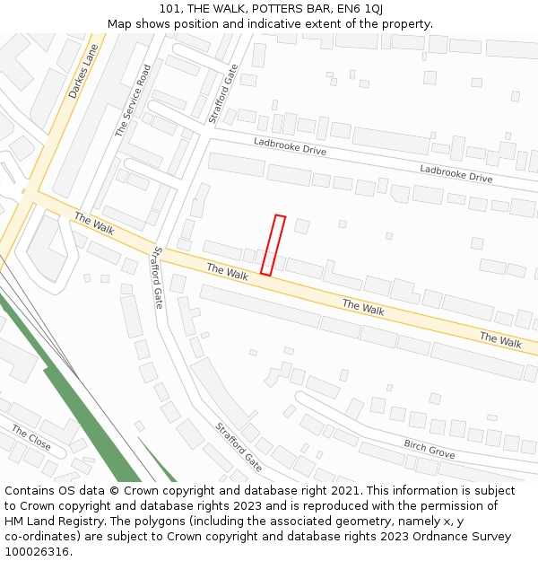 101, THE WALK, POTTERS BAR, EN6 1QJ: Location map and indicative extent of plot