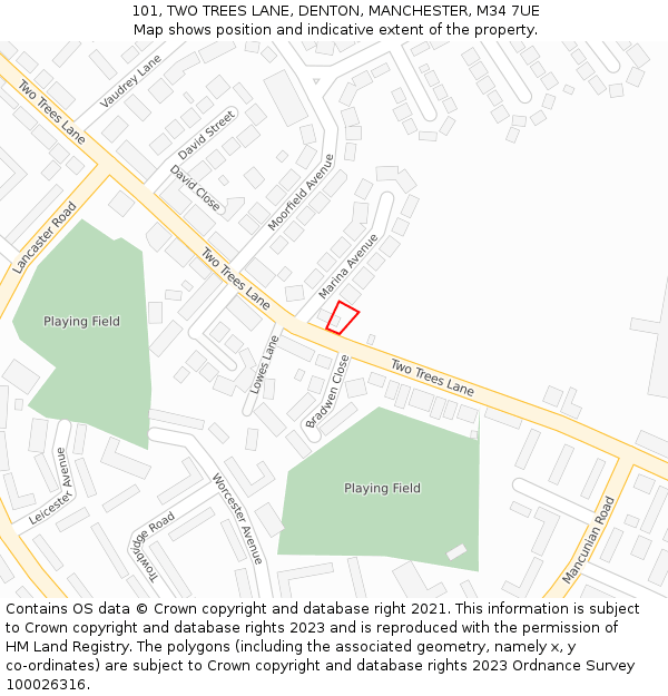101, TWO TREES LANE, DENTON, MANCHESTER, M34 7UE: Location map and indicative extent of plot