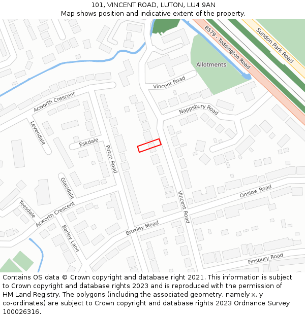 101, VINCENT ROAD, LUTON, LU4 9AN: Location map and indicative extent of plot