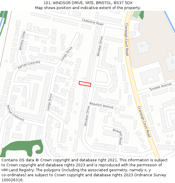 101, WINDSOR DRIVE, YATE, BRISTOL, BS37 5DX: Location map and indicative extent of plot