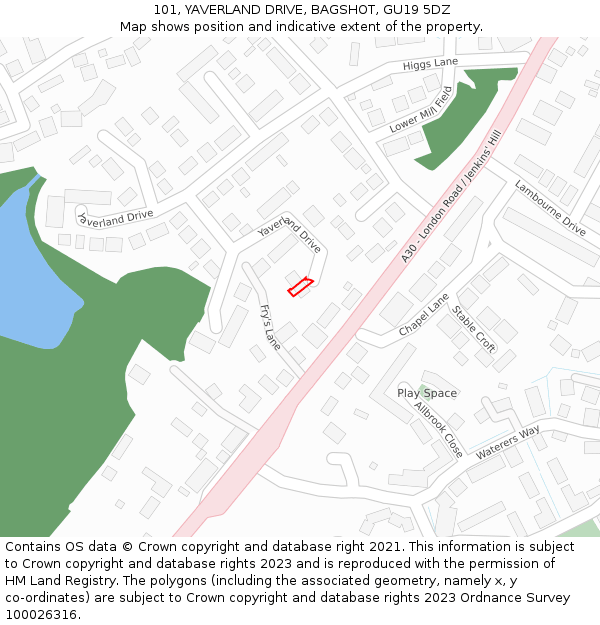 101, YAVERLAND DRIVE, BAGSHOT, GU19 5DZ: Location map and indicative extent of plot