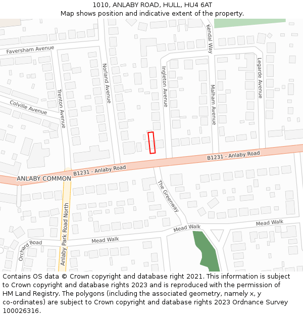 1010, ANLABY ROAD, HULL, HU4 6AT: Location map and indicative extent of plot