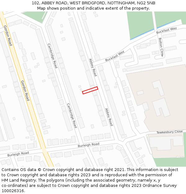 102, ABBEY ROAD, WEST BRIDGFORD, NOTTINGHAM, NG2 5NB: Location map and indicative extent of plot