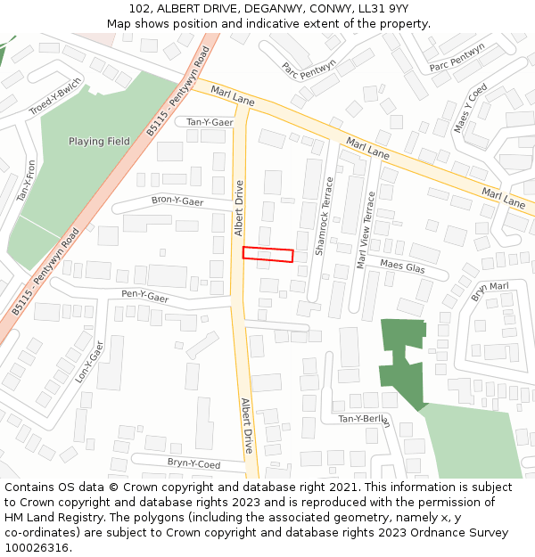 102, ALBERT DRIVE, DEGANWY, CONWY, LL31 9YY: Location map and indicative extent of plot