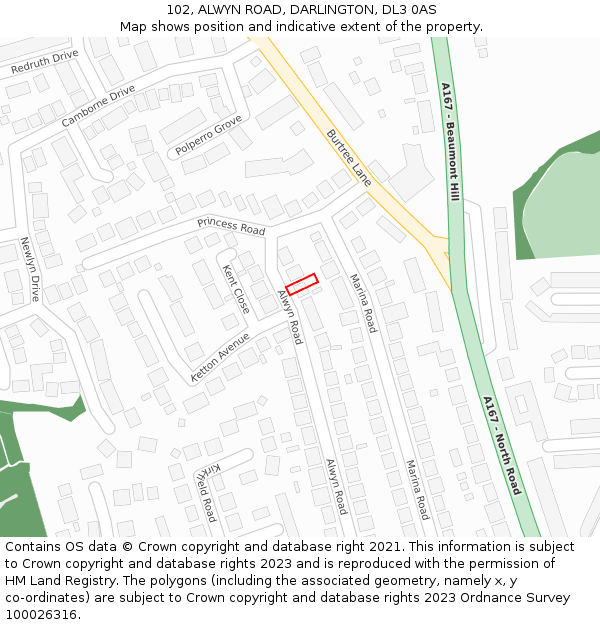 102, ALWYN ROAD, DARLINGTON, DL3 0AS: Location map and indicative extent of plot