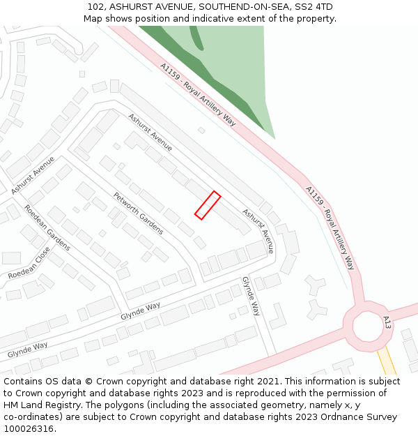 102, ASHURST AVENUE, SOUTHEND-ON-SEA, SS2 4TD: Location map and indicative extent of plot