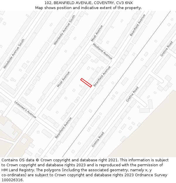 102, BEANFIELD AVENUE, COVENTRY, CV3 6NX: Location map and indicative extent of plot