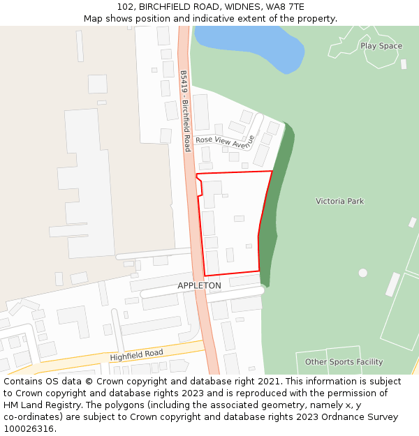 102, BIRCHFIELD ROAD, WIDNES, WA8 7TE: Location map and indicative extent of plot