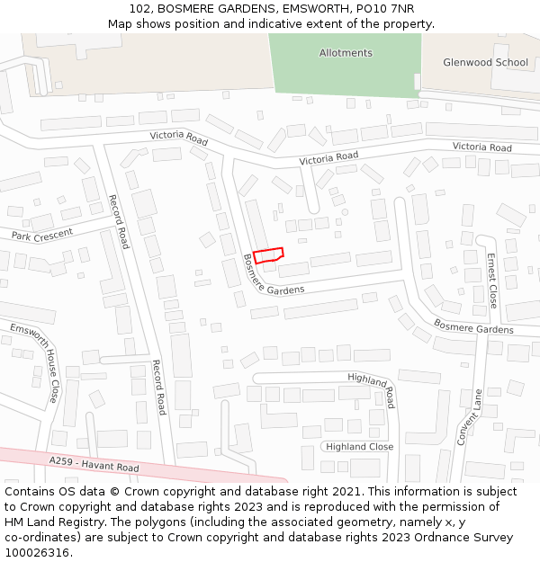 102, BOSMERE GARDENS, EMSWORTH, PO10 7NR: Location map and indicative extent of plot