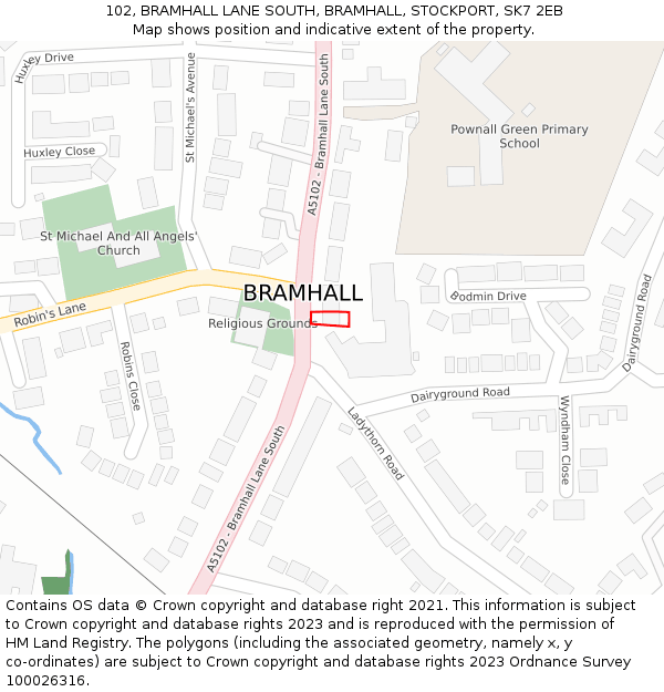 102, BRAMHALL LANE SOUTH, BRAMHALL, STOCKPORT, SK7 2EB: Location map and indicative extent of plot