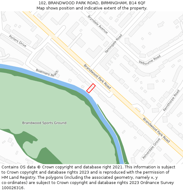 102, BRANDWOOD PARK ROAD, BIRMINGHAM, B14 6QF: Location map and indicative extent of plot