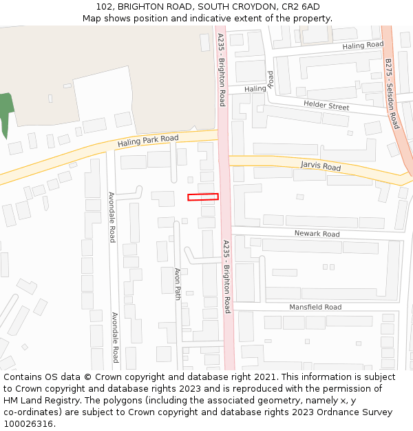 102, BRIGHTON ROAD, SOUTH CROYDON, CR2 6AD: Location map and indicative extent of plot