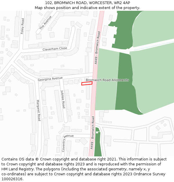 102, BROMWICH ROAD, WORCESTER, WR2 4AP: Location map and indicative extent of plot