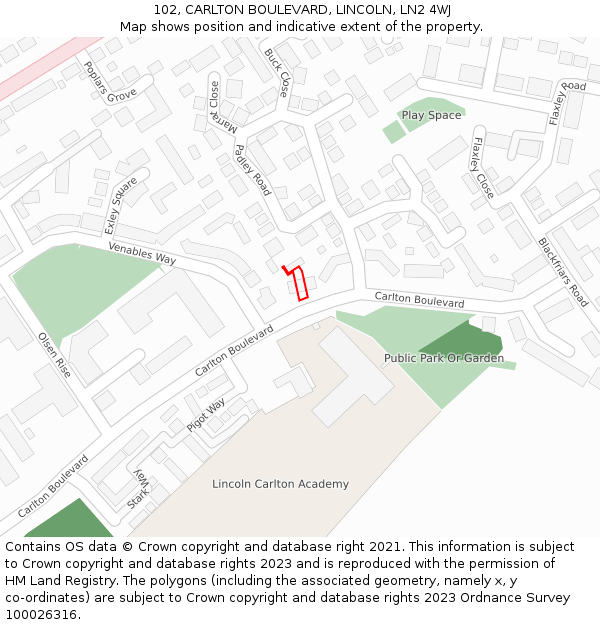 102, CARLTON BOULEVARD, LINCOLN, LN2 4WJ: Location map and indicative extent of plot