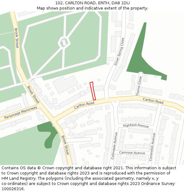 102, CARLTON ROAD, ERITH, DA8 1DU: Location map and indicative extent of plot