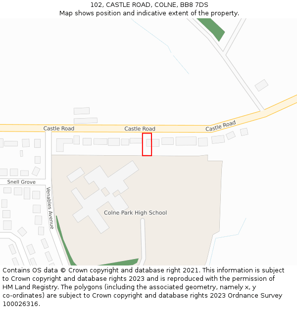 102, CASTLE ROAD, COLNE, BB8 7DS: Location map and indicative extent of plot