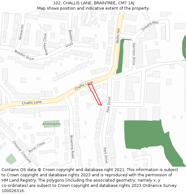 102, CHALLIS LANE, BRAINTREE, CM7 1AJ: Location map and indicative extent of plot