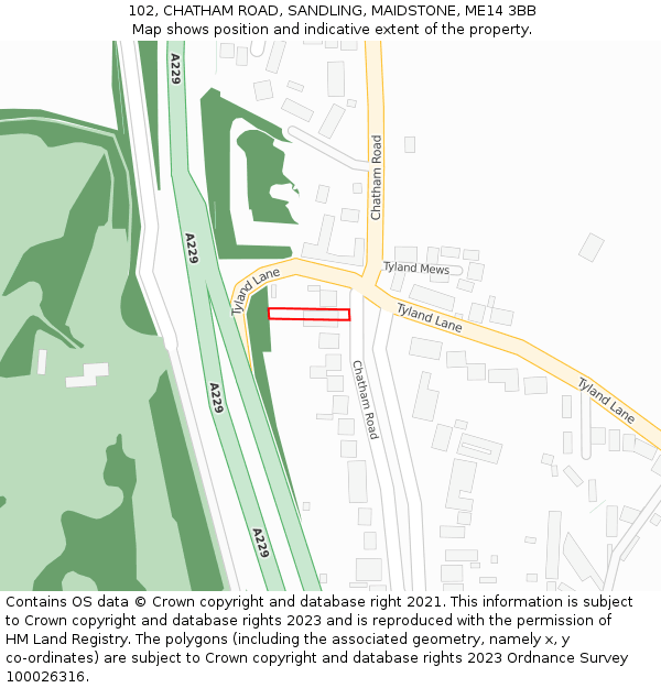 102, CHATHAM ROAD, SANDLING, MAIDSTONE, ME14 3BB: Location map and indicative extent of plot