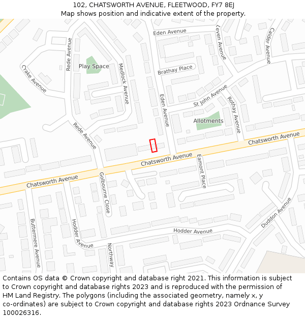 102, CHATSWORTH AVENUE, FLEETWOOD, FY7 8EJ: Location map and indicative extent of plot