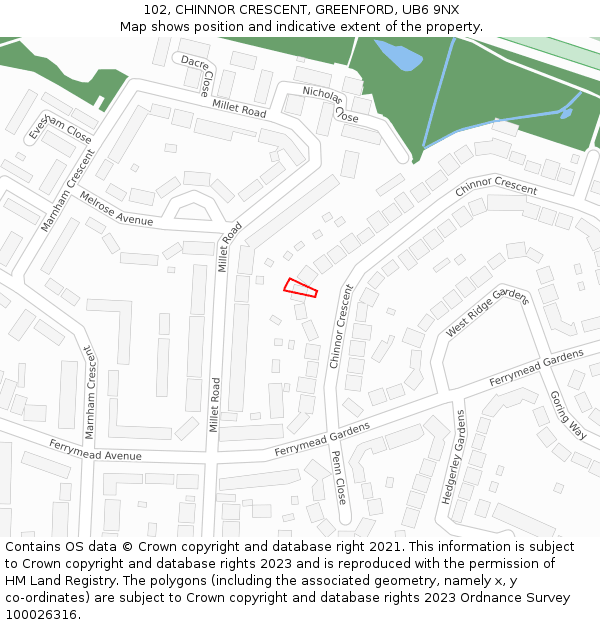 102, CHINNOR CRESCENT, GREENFORD, UB6 9NX: Location map and indicative extent of plot