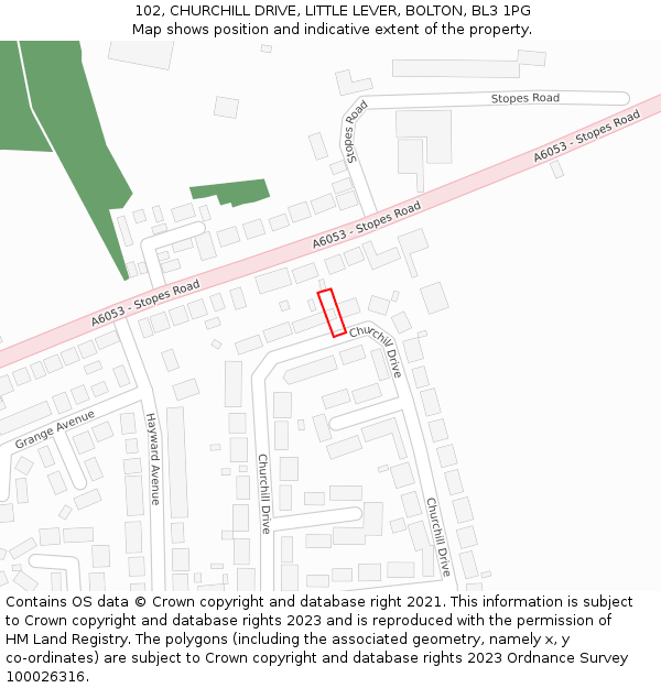 102, CHURCHILL DRIVE, LITTLE LEVER, BOLTON, BL3 1PG: Location map and indicative extent of plot