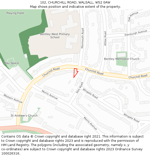 102, CHURCHILL ROAD, WALSALL, WS2 0AW: Location map and indicative extent of plot