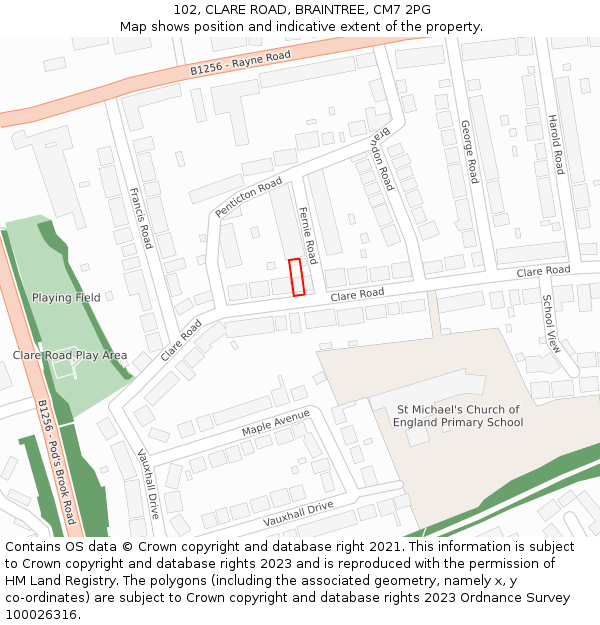 102, CLARE ROAD, BRAINTREE, CM7 2PG: Location map and indicative extent of plot