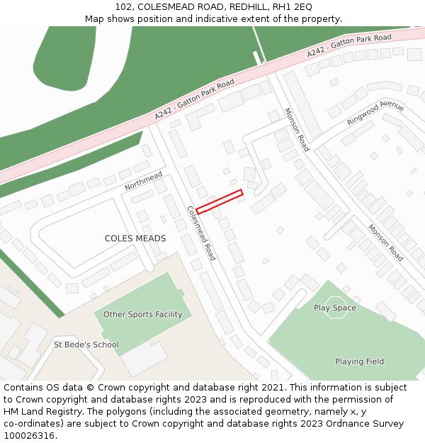 102, COLESMEAD ROAD, REDHILL, RH1 2EQ: Location map and indicative extent of plot